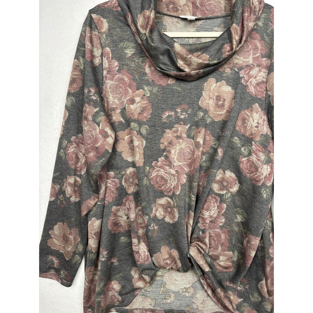 Jillian N Floral Cowl Neck Top Womens 1X Plus Twist Front Long Sleeve
